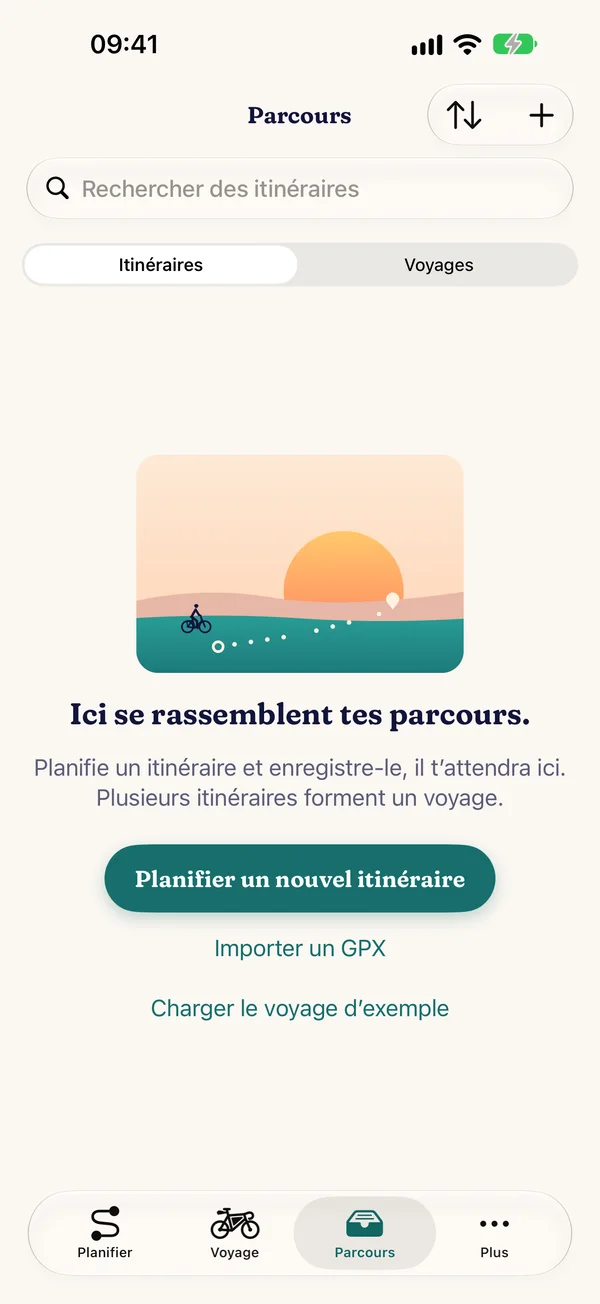 Onglet « Parcours » encore vide, avec la scène « Tes parcours se rassemblent ici. »