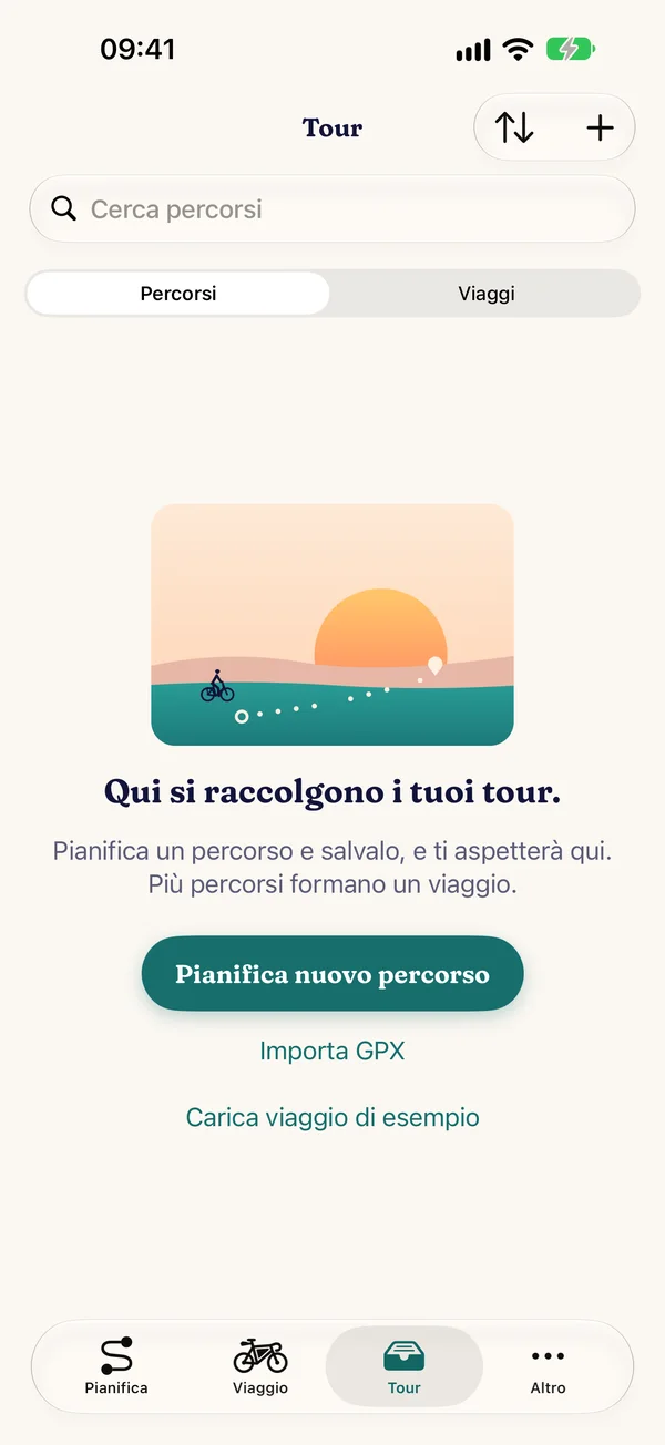 Scheda “Tour” ancora vuota, con la scena “Qui si raccolgono i tuoi tour.”