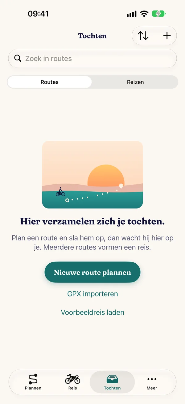 Tabblad “Tochten” nog leeg, met de scène “Hier verzamelen zich je tochten.”