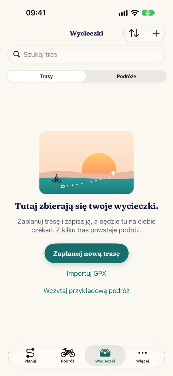 Pusta zakładka „Wycieczki” ze sceną „Tu zbierają się Twoje wycieczki.”