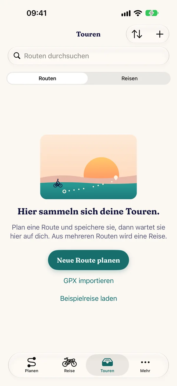 Tab „Touren“ ohne Einträge mit der Szene „Hier sammeln sich deine Touren.“