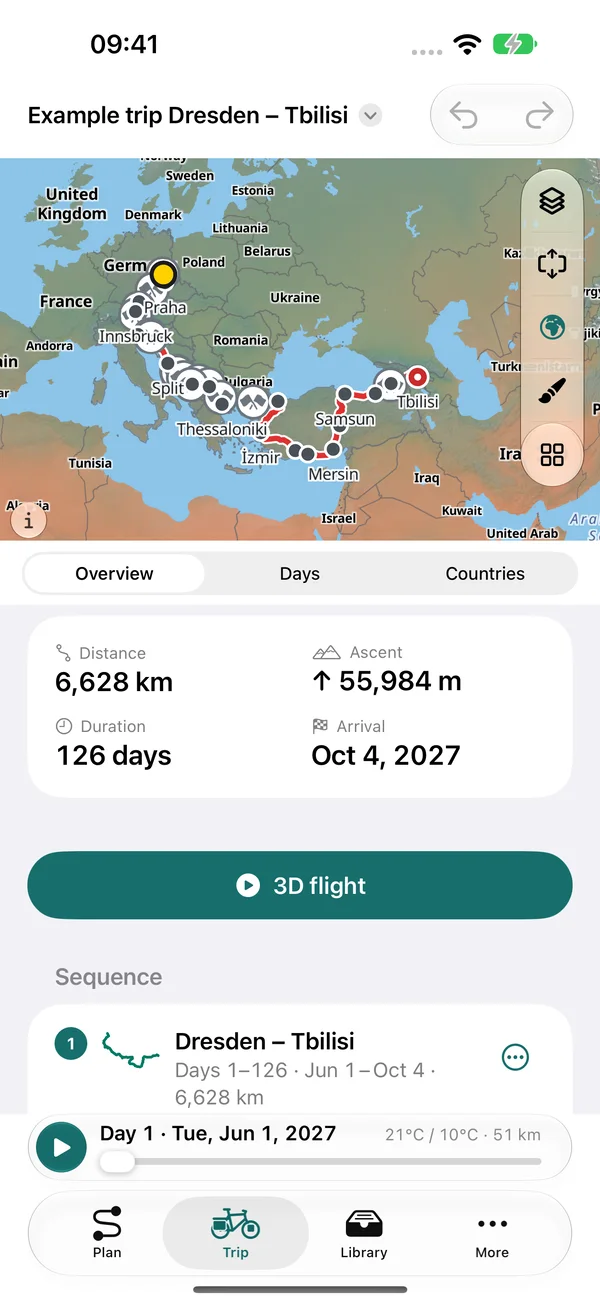 Lo stesso viaggio su iPhone: panoramica con 6.628 km, 55.984 m di dislivello e 126 giorni