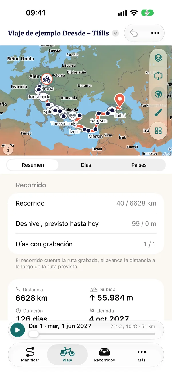 Resumen del viaje de ejemplo Dresde – Tiflis: mapa con la ruta por los Balcanes y Turquía, apartado “Recorrido” con 40 de 6628 km y un día con grabación, debajo 6628 km, 55.984 m de desnivel y 126 días
