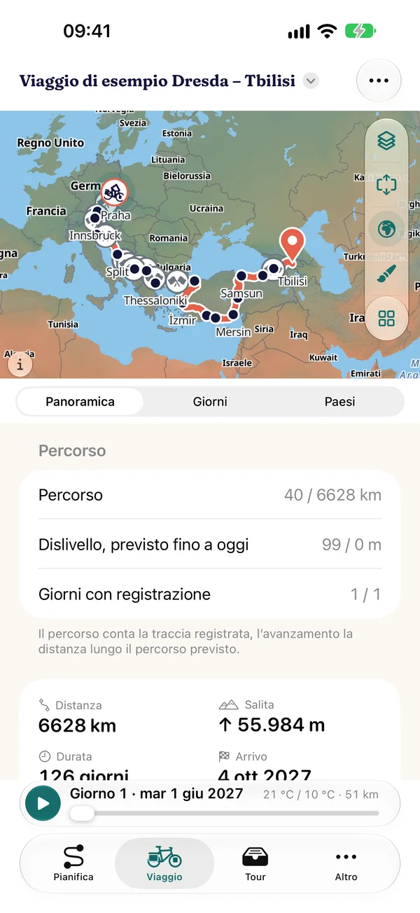 Panoramica del viaggio di esempio Dresda – Tbilisi: mappa con il percorso attraverso i Balcani e la Turchia, sezione “Percorso” con 40 di 6.628 km e un giorno registrato, sotto 6.628 km, 55.984 m di dislivello e 126 giorni