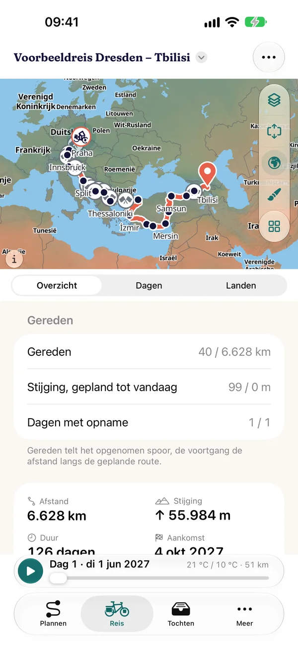 Overzicht van de voorbeeldreis Dresden – Tbilisi: kaart met de route over de Balkan en Turkije, onderdeel “Gereden” met 40 van 6.628 km en één dag met opname, daaronder 6.628 km, 55.984 hoogtemeters en 126 dagen