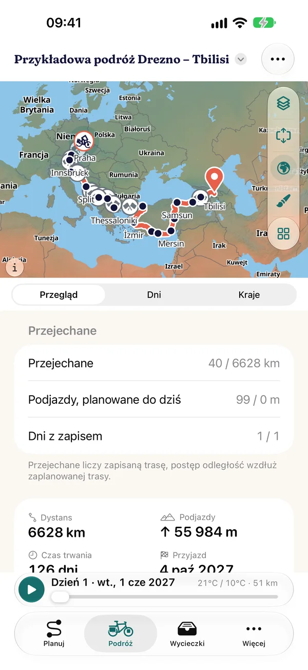 Przegląd przykładowej podróży Drezno – Tbilisi: mapa z trasą przez Bałkany i Turcję, sekcja „Przejechane” z 40 z 6628 km i jednym dniem z nagraniem, poniżej 6628 km, 55 984 m przewyższenia i 126 dni