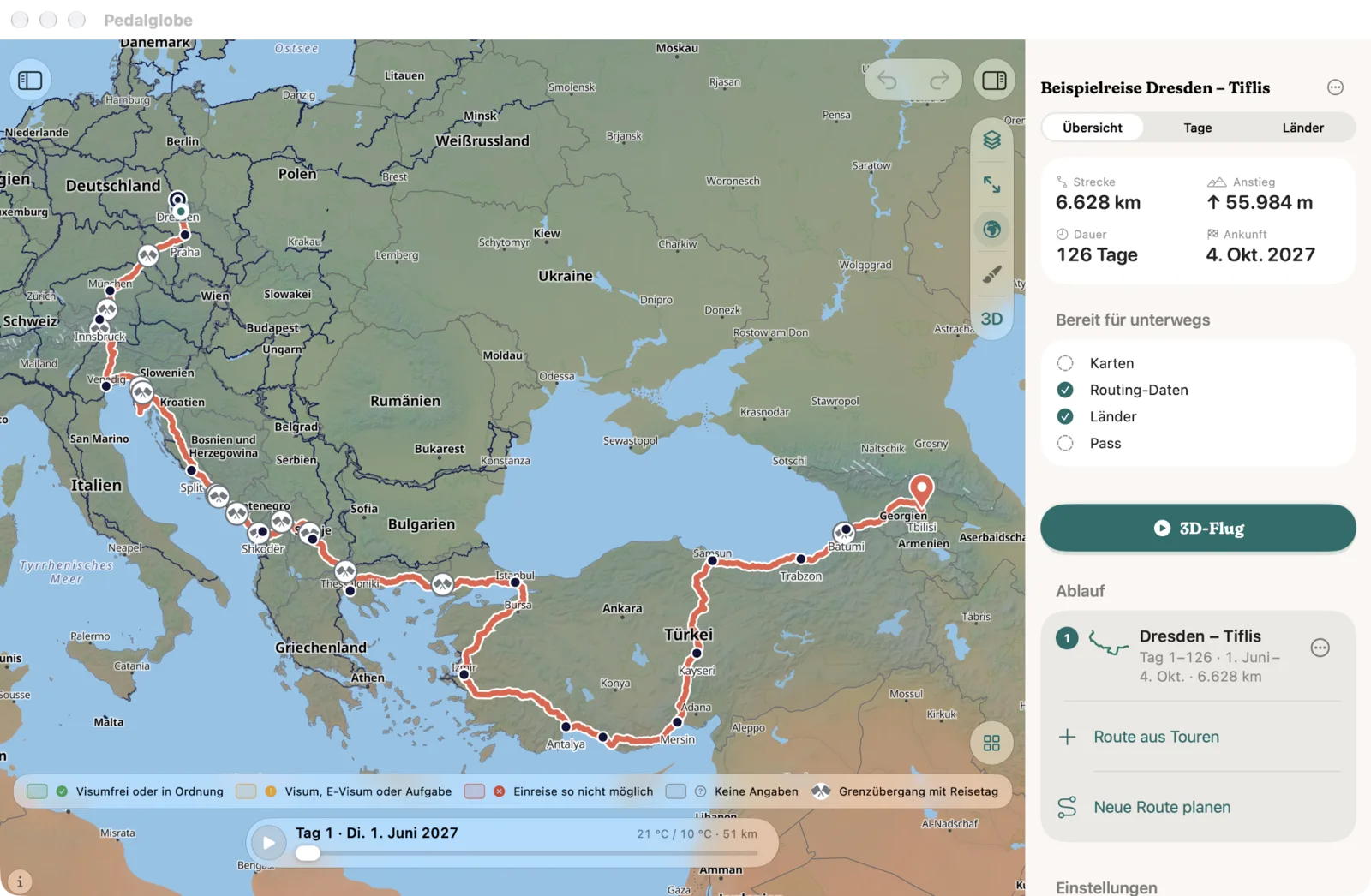 Pedalglobe als iPad-App auf dem MacBook Air: Karte der Beispielreise Dresden – Tiflis mit der Legende der Einreiseregeln und die Übersicht mit 6.628 km und 126 Tagen