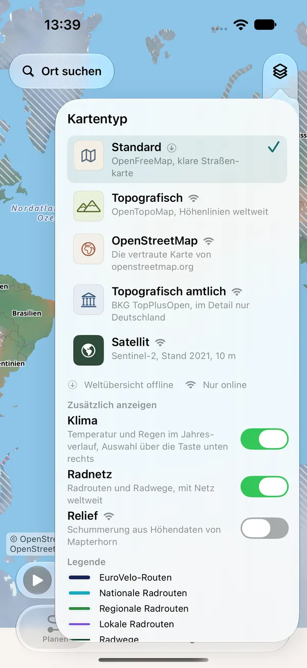 Auswahl der Kartenart: Standard, Topografisch, OpenStreetMap, Topografisch amtlich und Satellit, darunter Schalter für Klima, Radnetz und Relief mit Legende der Radrouten