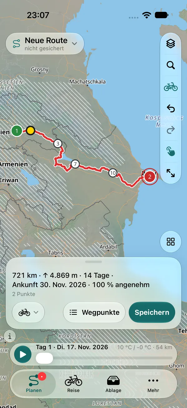 Geplante Radroute von Tiflis nach Baku: 721 km, 4.869 Höhenmeter, 14 Tage, Ankunft 30. November 2026, 100 % angenehme Tage